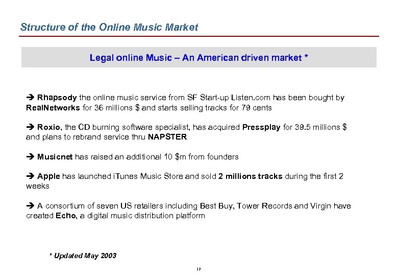 Structure of the Online Music Market Legal online Music – An American driven market