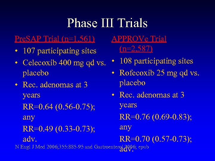 Phase III Trials Pre. SAP Trial (n=1, 561) • 107 participating sites • Celecoxib