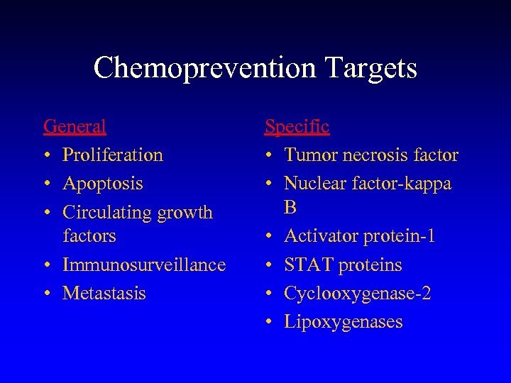 Chemoprevention Targets General • Proliferation • Apoptosis • Circulating growth factors • Immunosurveillance •