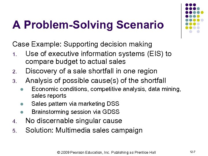 A Problem-Solving Scenario Case Example: Supporting decision making 1. Use of executive information systems