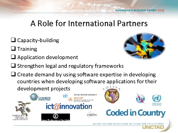 A Role for International Partners q Capacity-building q Training q Application development q Strengthen