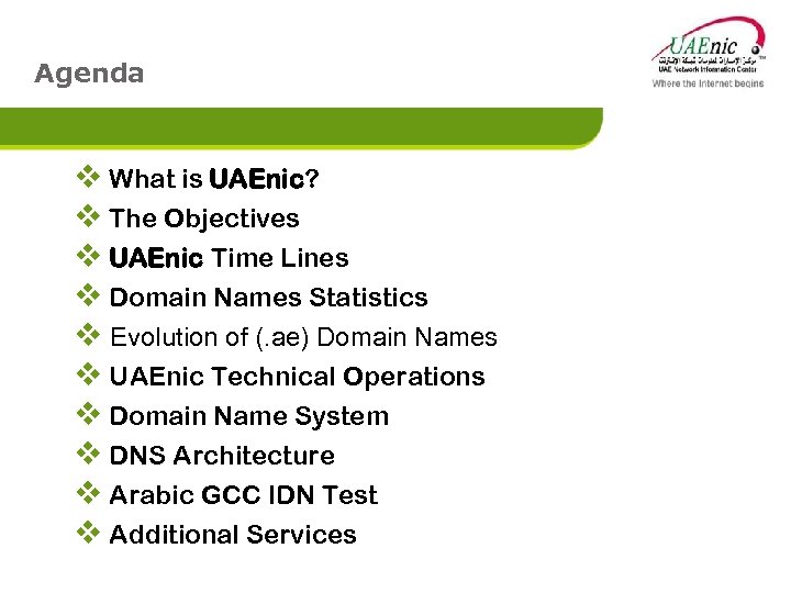 Agenda v What is UAEnic? v The Objectives v UAEnic Time Lines v Domain