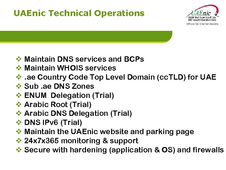 UAEnic Technical Operations v Maintain DNS services and BCPs v Maintain WHOIS services v.