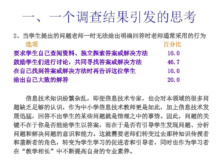 一、一个调查结果引发的思考 2、当学生提出的问题老师一时无法给出明确回答时老师通常采用的行为 选项 百分比 要求学生自己查阅资料、独立探索答案或解决方法 10. 0 鼓励学生们进行讨论，共同寻找答案或解决方法 46. 7 在自己找到答案或解决方法时再告诉这位学生 10. 0 给出自己大致的解答