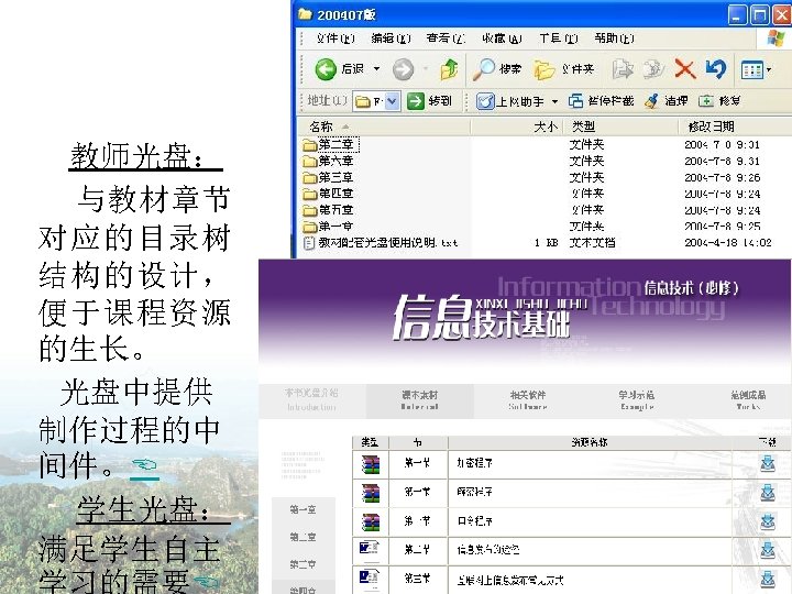 教学光盘 教师光盘： 与教材章节 对应的目录树 结构的设计， 便于课程资源 的生长。 光盘中提供 制作过程的中 间件。 学生光盘： 满足学生自主 