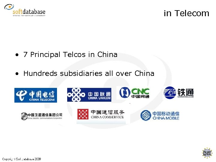 in Telecom • 7 Principal Telcos in China • Hundreds subsidiaries all over China