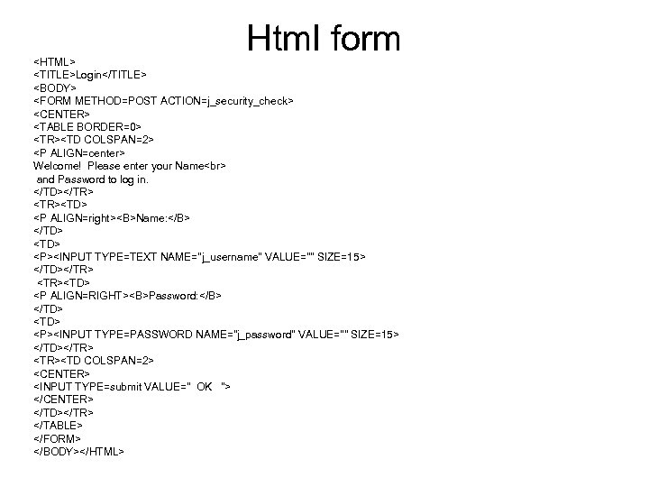 Html form <HTML> <TITLE>Login</TITLE> <BODY> <FORM METHOD=POST ACTION=j_security_check> <CENTER> <TABLE BORDER=0> <TR><TD COLSPAN=2> <P