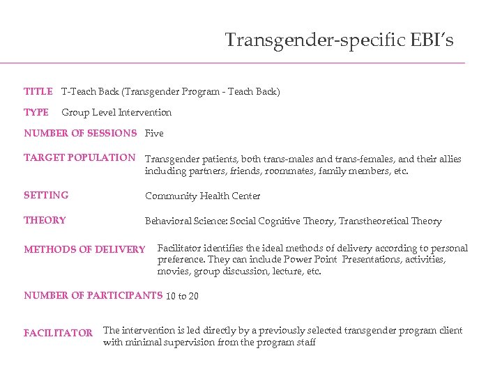 Transgender-specific EBI’s TITLE T-Teach Back (Transgender Program - Teach Back) TYPE Group Level Intervention