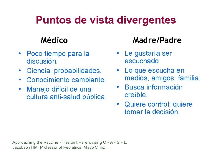 Puntos de vista divergentes Médico • Poco tiempo para la discusión. • Ciencia, probabilidades.