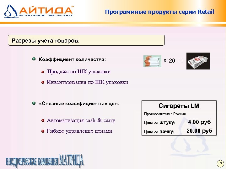 Программные продукты серии Retail Разрезы учета товаров: Коэффициент количества: х 20 = Продажа по
