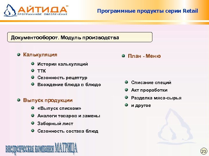 Программные продукты серии Retail Документооборот. Модуль производства Калькуляция История калькуляций ТТК Сезонность рецептур Вхождение