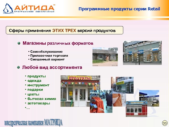 Программные продукты серии Retail Сферы применения ЭТИХ ТРЕХ версий продуктов Магазины различных форматов •
