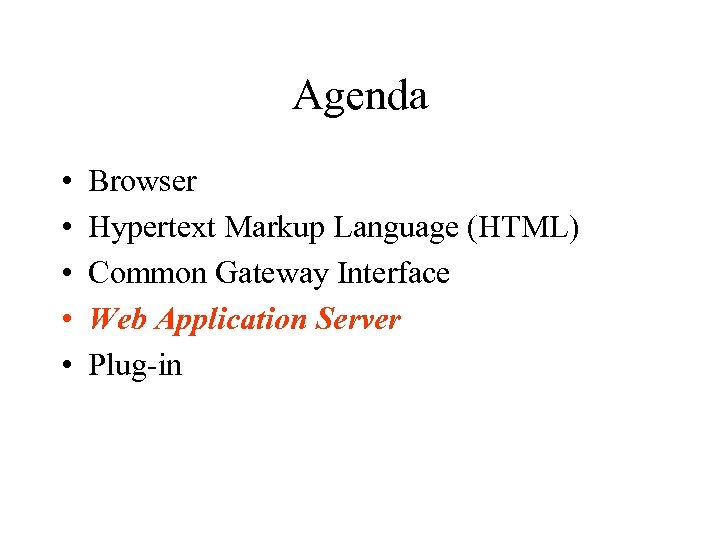 Agenda • • • Browser Hypertext Markup Language (HTML) Common Gateway Interface Web Application