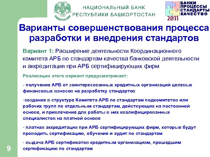 Варианты совершенствования процесса разработки и внедрения стандартов Вариант 1: Расширение деятельности Координационного комитета АРБ