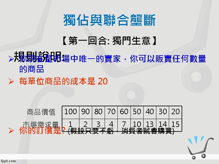 獨佔與聯合壟斷 【第一回合: 獨門生意】 Ø規則說明: 你現在是市場中唯一的賣家，你可以販賣任何數量 的商品 Ø 每單位商品的成本是 20 商品價值 100 90 80 70