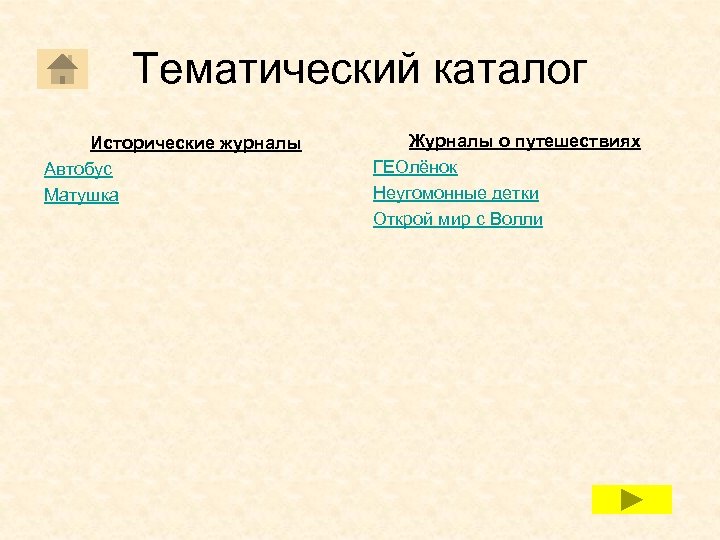 Тематический каталог Исторические журналы Автобус Матушка Журналы о путешествиях ГЕОлёнок Неугомонные детки Открой мир