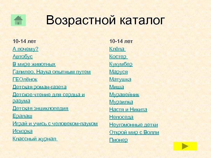 Возрастной каталог 10 -14 лет А почему? Автобус В мире животных Галилео. Наука опытным