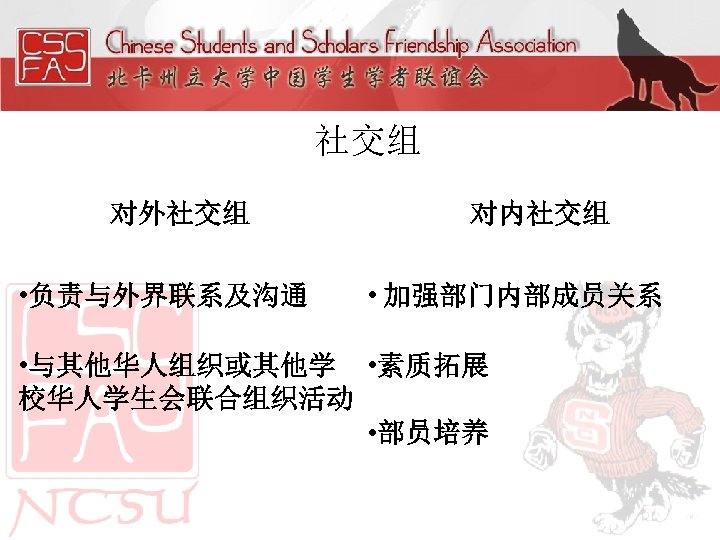 社交组 对外社交组 • 负责与外界联系及沟通 对内社交组 • 加强部门内部成员关系 • 与其他华人组织或其他学 • 素质拓展 校华人学生会联合组织活动 • 部员培养