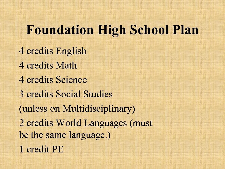 Foundation High School Plan 4 credits English 4 credits Math 4 credits Science 3
