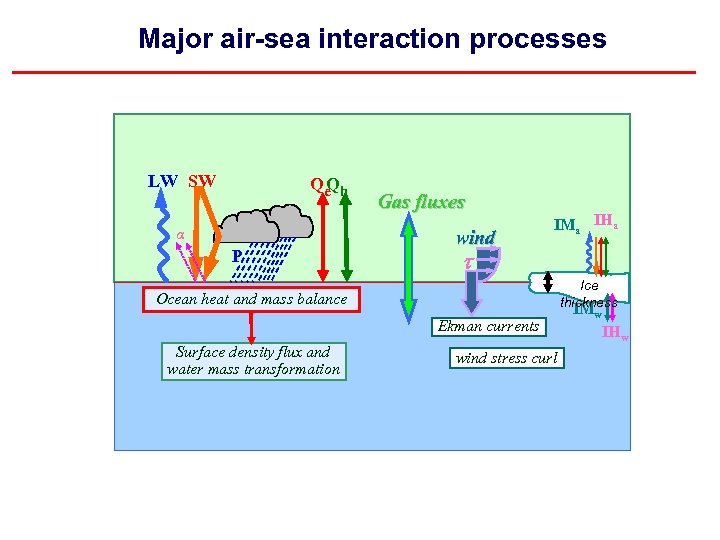 Major air-sea interaction processes LW SW Qe h Q α P Gas fluxes wind