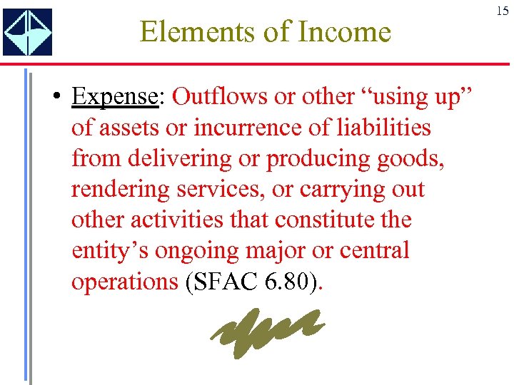 Elements of Income • Expense: Outflows or other “using up” of assets or incurrence