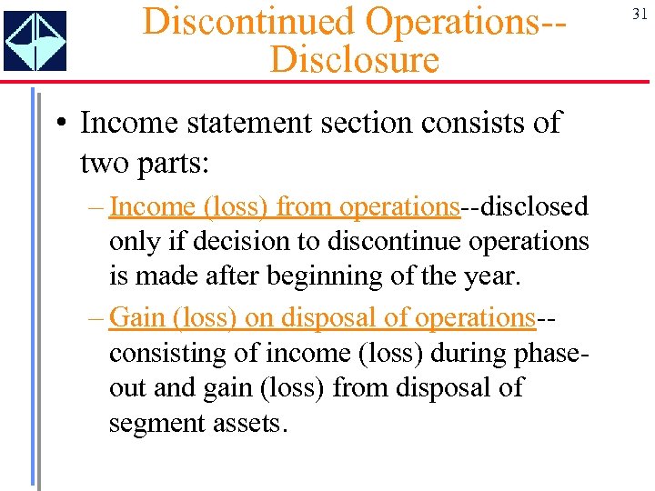 Discontinued Operations-Disclosure • Income statement section consists of two parts: – Income (loss) from