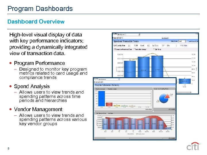 Program Dashboards Dashboard Overview High-level visual display of data with key performance indicators; providing