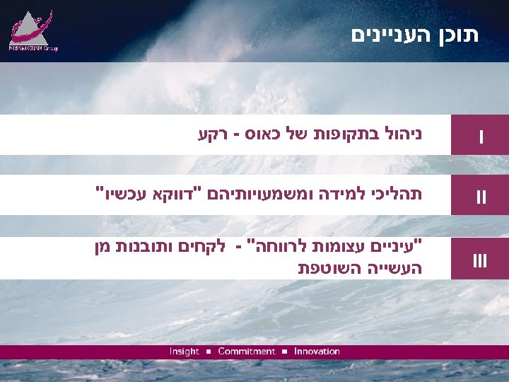  תוכן העניינים I ניהול בתקופות של כאוס - רקע II תהליכי למידה ומשמעויותיהם