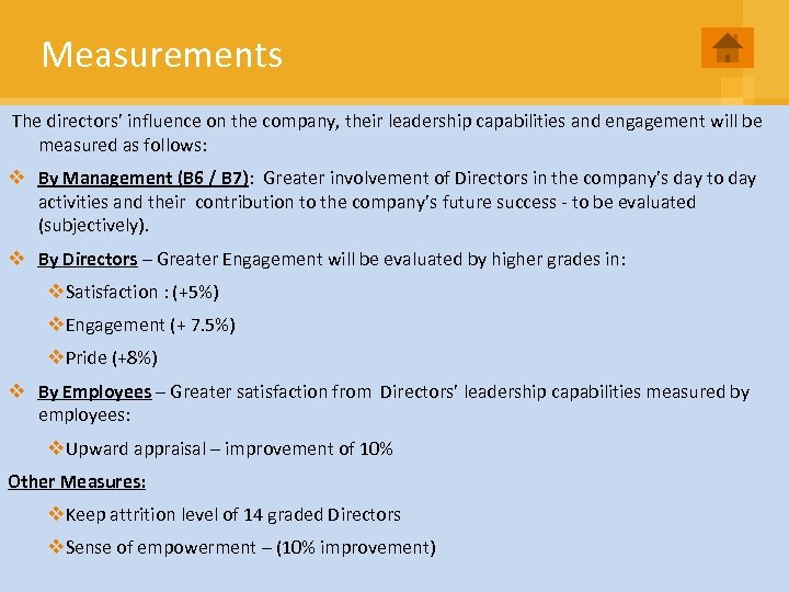 Measurements The directors’ influence on the company, their leadership capabilities and engagement will be
