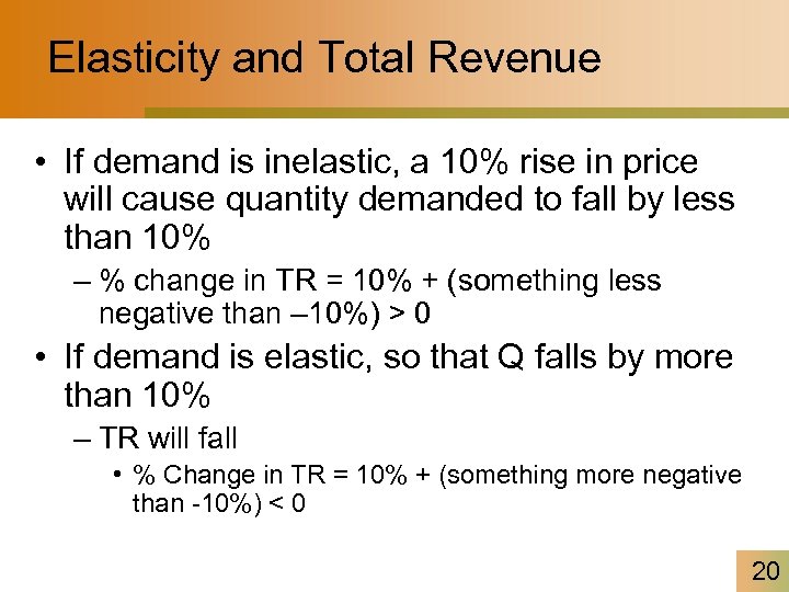 Elasticity and Total Revenue • If demand is inelastic, a 10% rise in price
