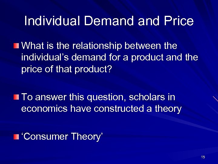 Individual Demand Price What is the relationship between the individual’s demand for a product