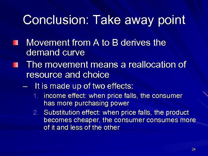 Conclusion: Take away point Movement from A to B derives the demand curve The