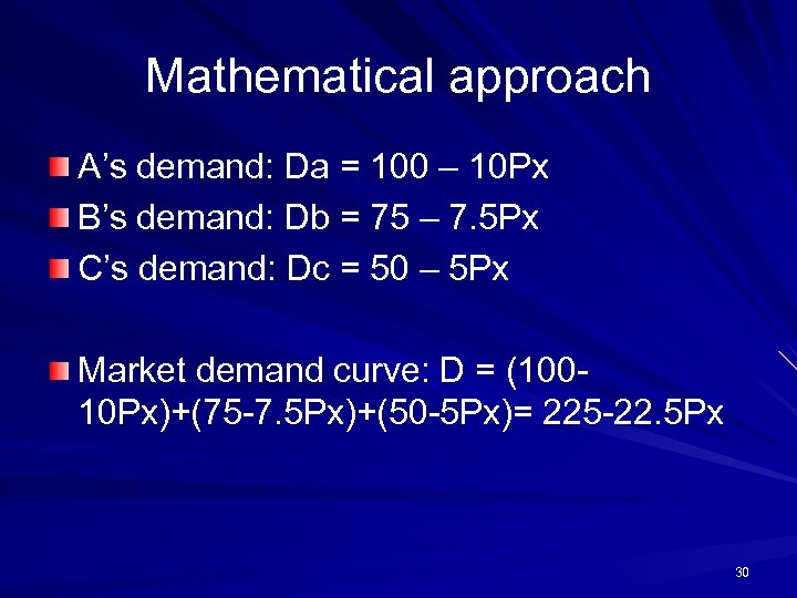 Mathematical approach A’s demand: Da = 100 – 10 Px B’s demand: Db =