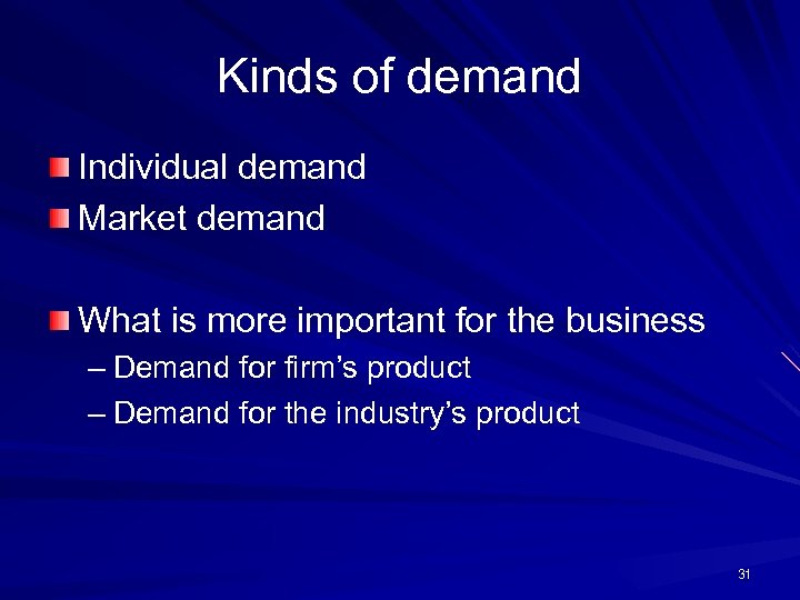 Kinds of demand Individual demand Market demand What is more important for the business