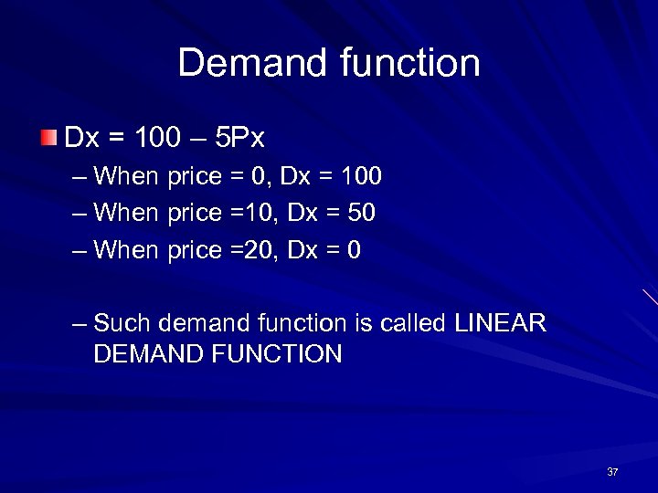 Demand function Dx = 100 – 5 Px – When price = 0, Dx