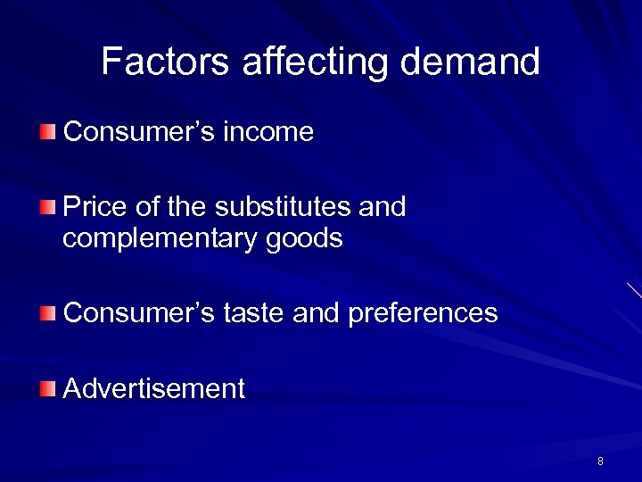 Factors affecting demand Consumer’s income Price of the substitutes and complementary goods Consumer’s taste