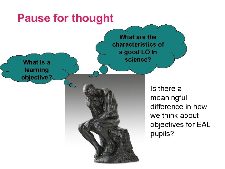 Pause for thought What is a learning objective? What are the characteristics of a