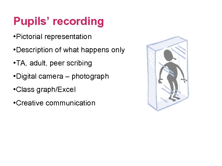 Pupils’ recording • Pictorial representation • Description of what happens only • TA, adult,