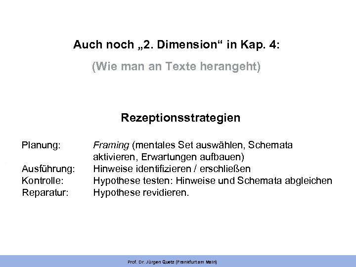 Auch noch „ 2. Dimension“ in Kap. 4: (Wie man an Texte herangeht) Rezeptionsstrategien