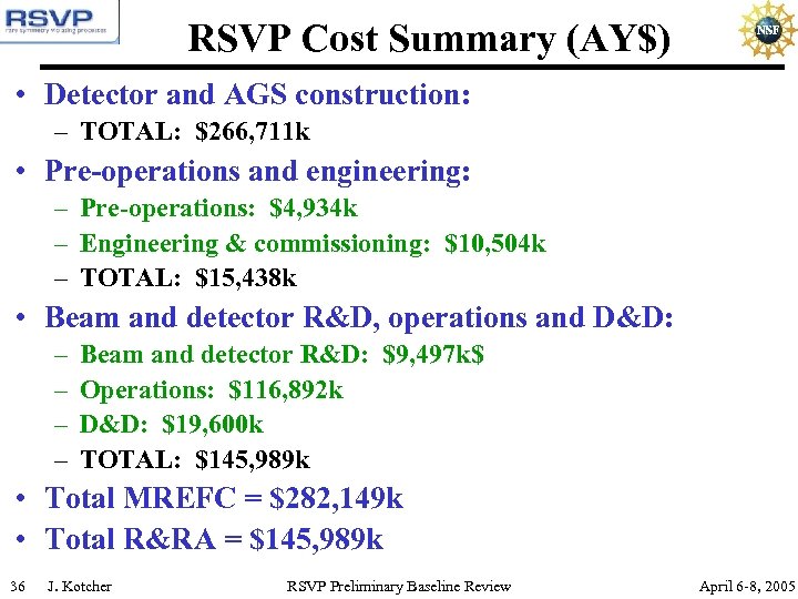 RSVP Cost Summary (AY$) • Detector and AGS construction: – TOTAL: $266, 711 k