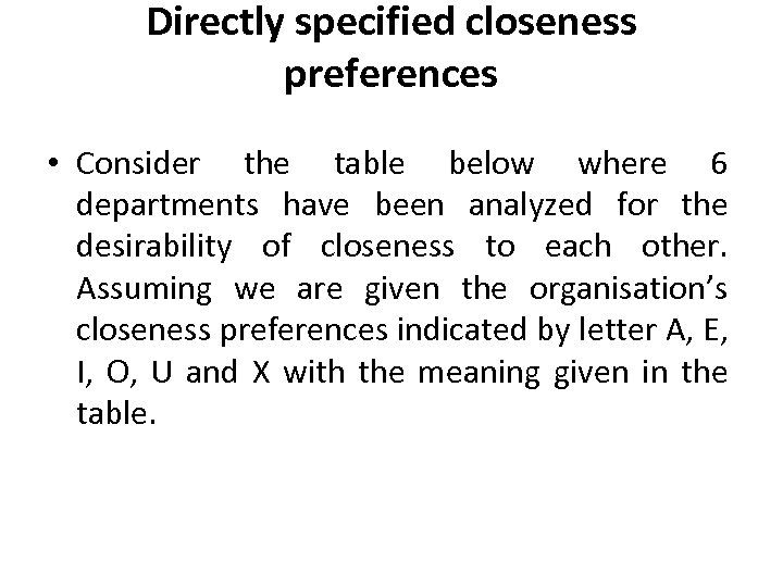 Directly specified closeness preferences • Consider the table below where 6 departments have been