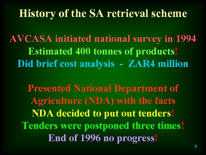 History of the SA retrieval scheme AVCASA initiated national survey in 1994 Estimated 400