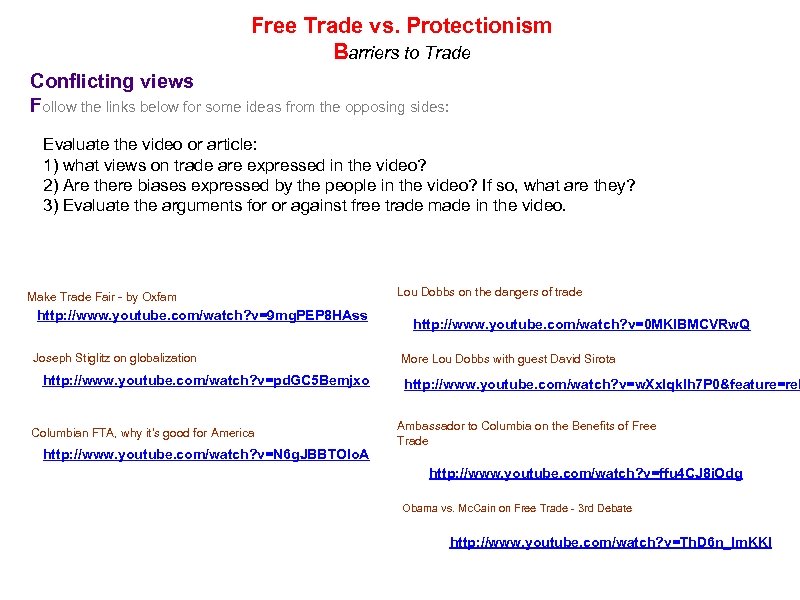 Free Trade vs. Protectionism Barriers to Trade Conflicting views Follow the links below for