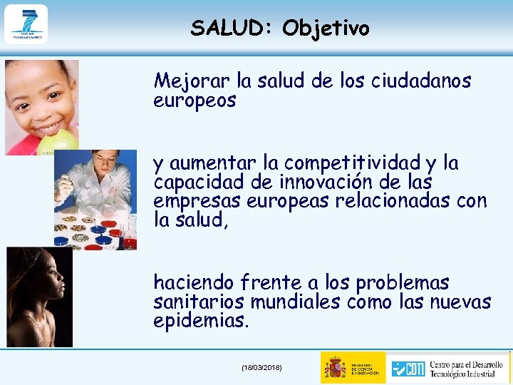 SALUD: Objetivo Mejorar la salud de los ciudadanos europeos y aumentar la competitividad y