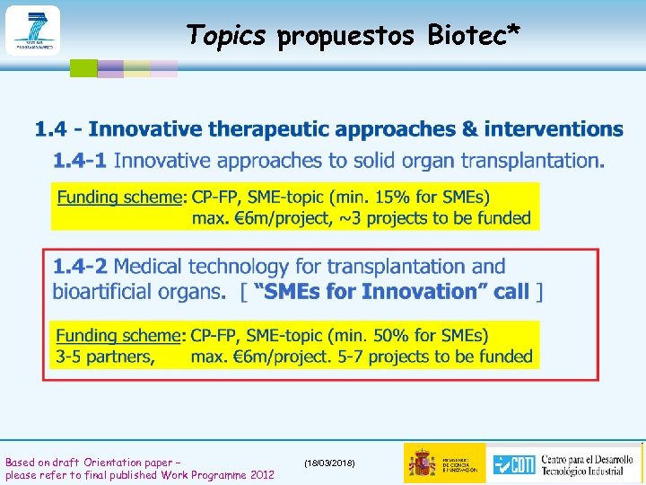 Topics propuestos Biotec* Based on draft Orientation paper – please refer to final published