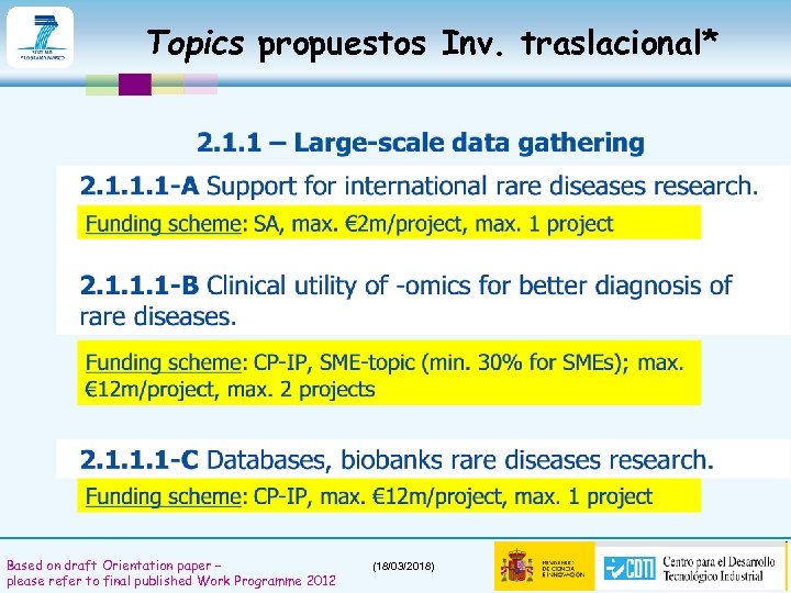 Topics propuestos Inv. traslacional* Based on draft Orientation paper – please refer to final