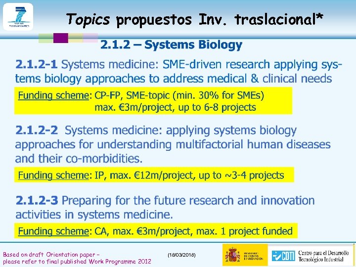 Topics propuestos Inv. traslacional* Based on draft Orientation paper – please refer to final