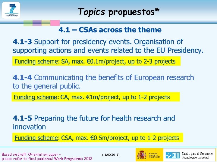 Topics propuestos* Based on draft Orientation paper – please refer to final published Work