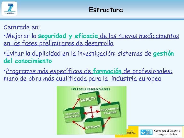 Estructura Centrada en: • Mejorar la seguridad y eficacia de los nuevos medicamentos en