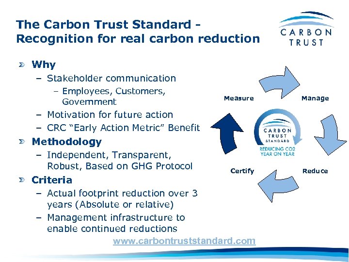 The Carbon Trust Standard Recognition for real carbon reduction Why – Stakeholder communication –